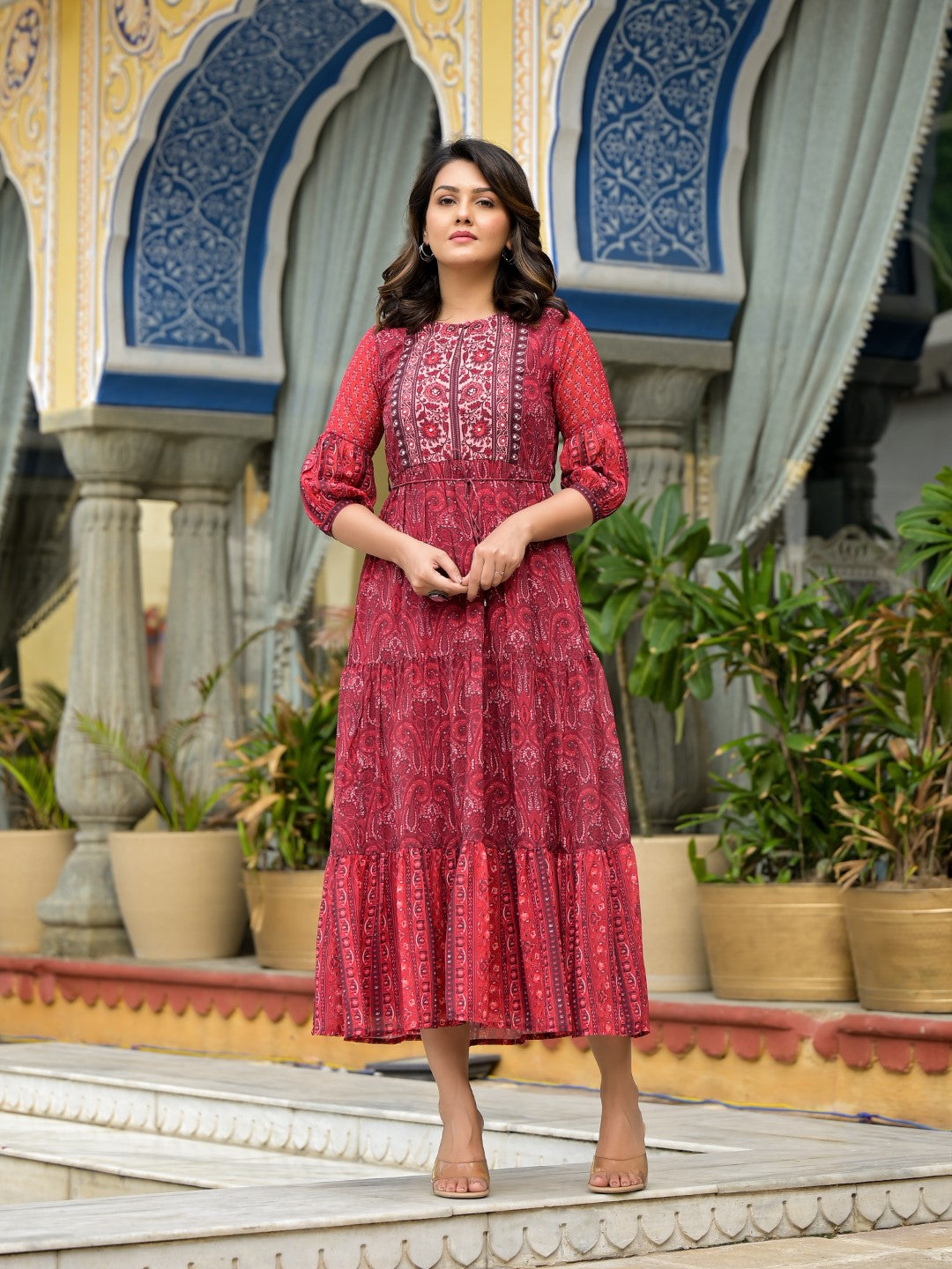 Juniper Women's Rust Ethnic Motif Printed Georgette Gathers Maxi Dress With Sequins & Doris