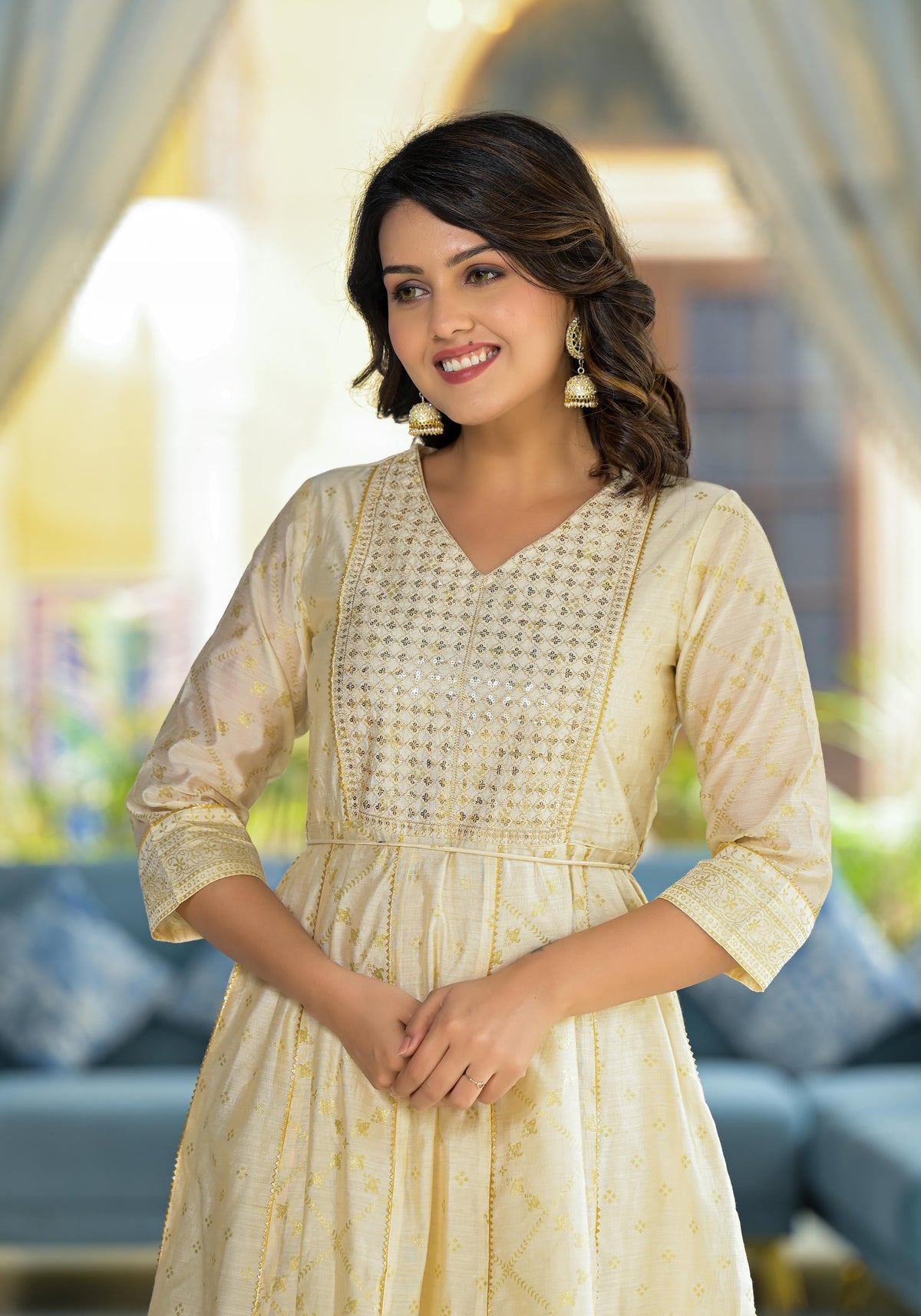 Juniper Ivory Ethnic Motif Printed Chanderi Kurta With Zari & Gota Patti Work