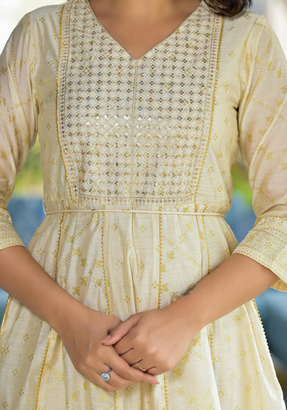 Juniper Ivory Ethnic Motif Printed Chanderi Kurta With Zari & Gota Patti Work