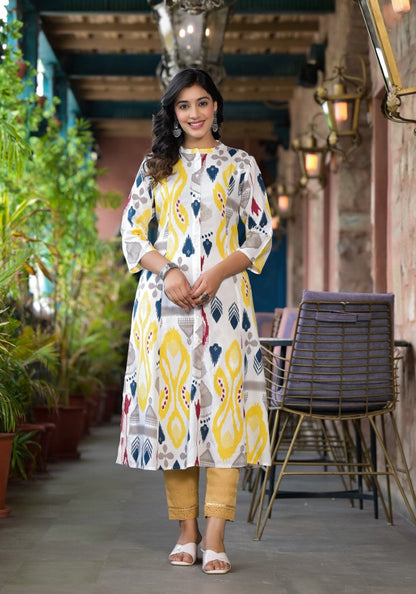 Juniper Women's Yellow Ikat Printed Liva Rayon Kurta With Button Closure