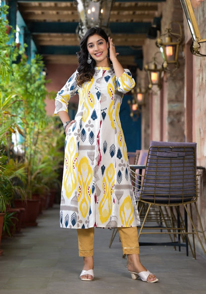 Juniper Women's Yellow Ikat Printed Liva Rayon Kurta With Button Closure