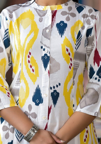 Juniper Women's Yellow Ikat Printed Liva Rayon Kurta With Button Closure
