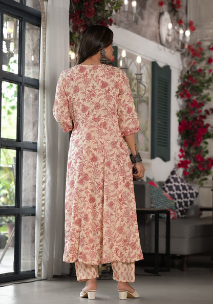 Juniper Women's Pink Floral Printed Rayon Kurta, Pant And Dupatta Set With Mirror & Thread Work