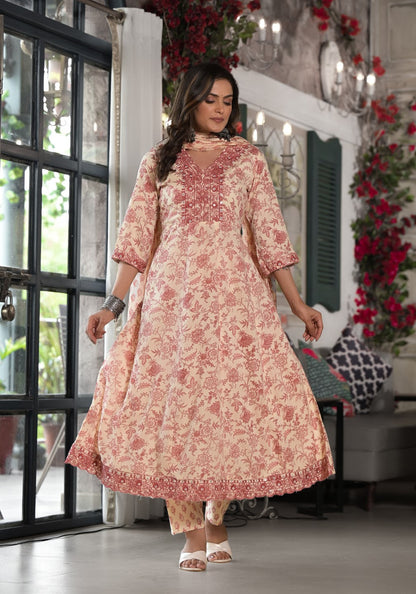 Juniper Women's Pink Floral Printed Rayon Kurta, Pant And Dupatta Set With Mirror & Thread Work