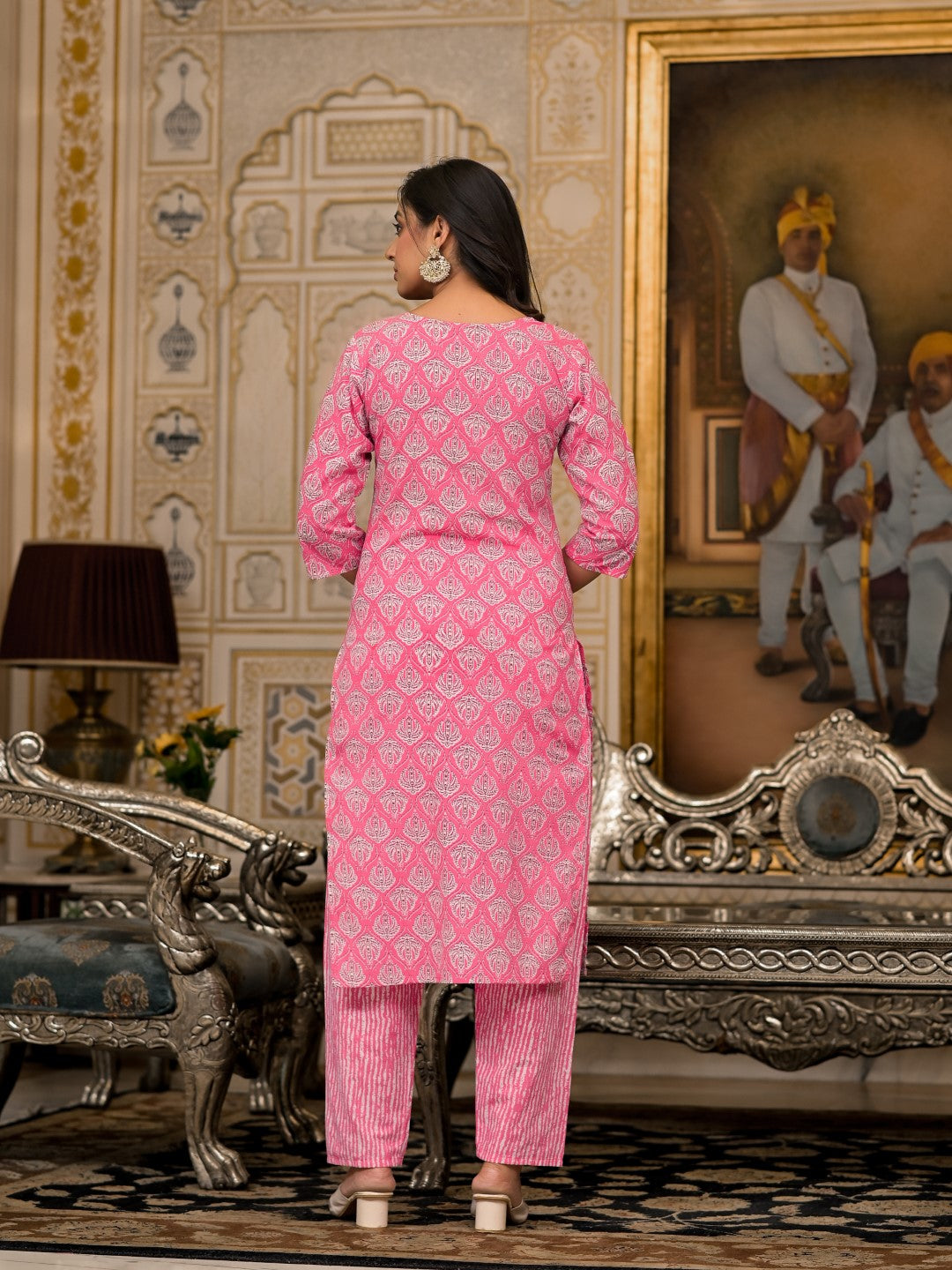 Juniper Women's Pink Ethnic Motif Printed Cotton Kurta, Pant And Dupatta Set With Thread And Mirror Work