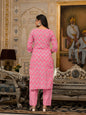Juniper Women's Pink Ethnic Motif Printed Cotton Kurta, Pant And Dupatta Set With Thread And Mirror Work