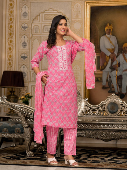 Juniper Women's Pink Ethnic Motif Printed Cotton Kurta, Pant And Dupatta Set With Thread And Mirror Work