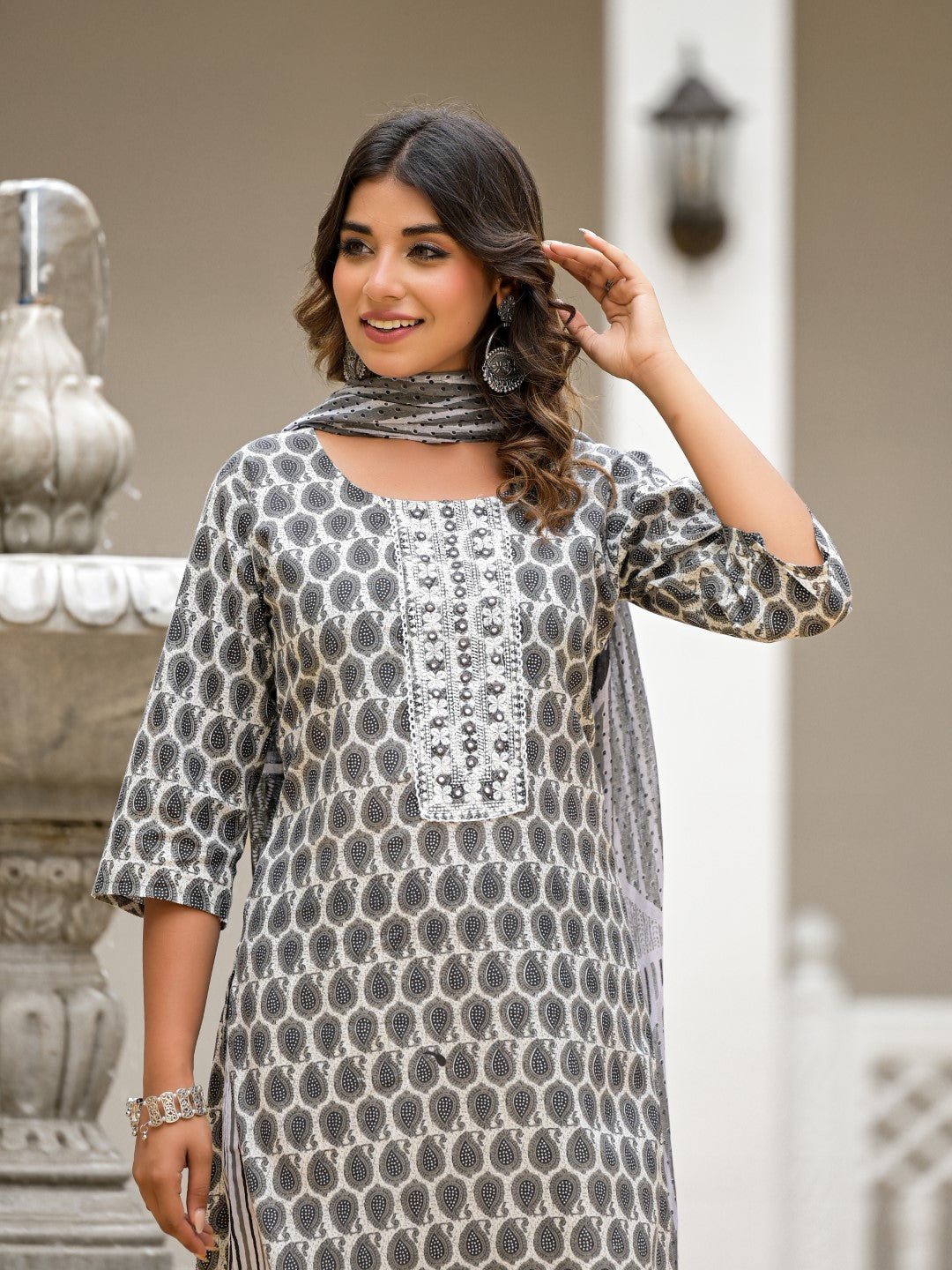 Juniper Women's Grey Ethnic Motif Printed Cotton Kurta, Pant And Dupatta Set With Thread & Mirror Work