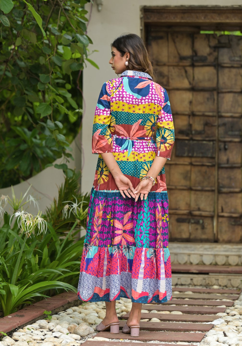 Juniper Women's Multi Geometric Printed Cambric Dress With Buttons & Doris On Waist