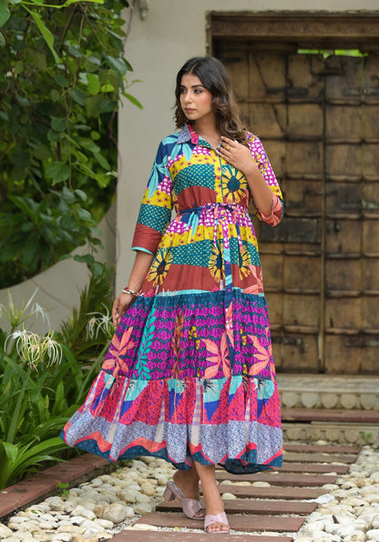 Juniper Women's Multi Geometric Printed Cambric Dress With Buttons & Doris On Waist