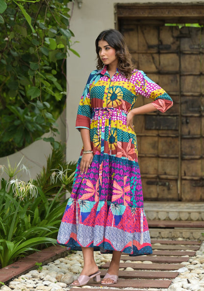 Juniper Women's Multi Geometric Printed Cambric Dress With Buttons & Doris On Waist