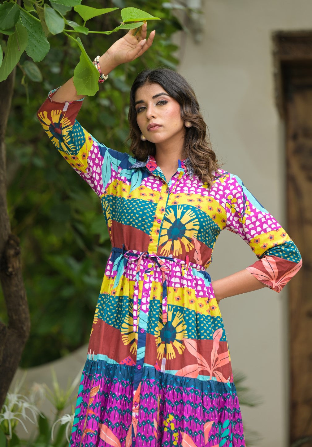 Juniper Women's Multi Geometric Printed Cambric Dress With Buttons & Doris On Waist