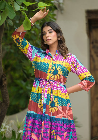 Juniper Women's Multi Geometric Printed Cambric Dress With Buttons & Doris On Waist