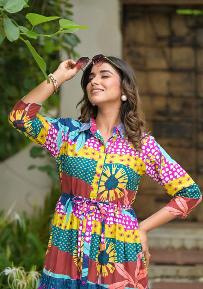Juniper Women's Multi Geometric Printed Cambric Dress With Buttons & Doris On Waist