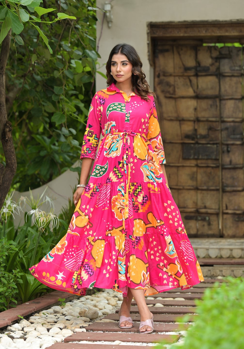 Juniper Women's Fuchsia Geometric Printed Cambric Dress With Buttons & Doris On Waist