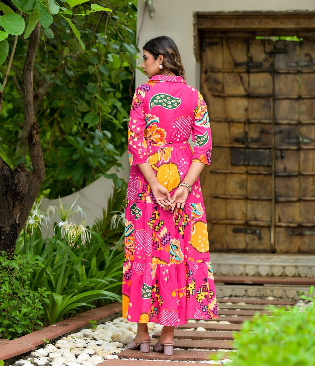 Juniper Women's Fuchsia Geometric Printed Cambric Dress With Buttons & Doris On Waist