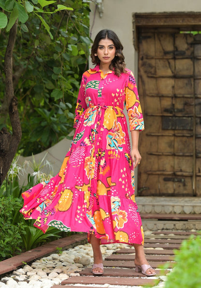 Juniper Women's Fuchsia Geometric Printed Cambric Dress With Buttons & Doris On Waist