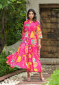 Juniper Women's Fuchsia Geometric Printed Cambric Dress With Buttons & Doris On Waist
