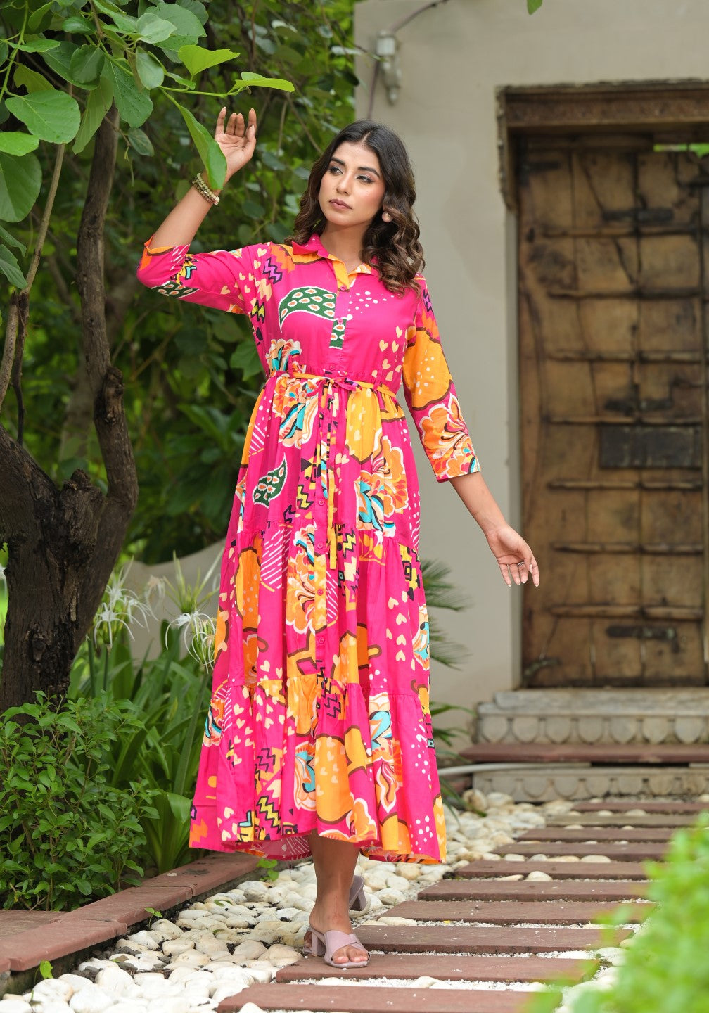Juniper Women's Fuchsia Geometric Printed Cambric Dress With Buttons & Doris On Waist
