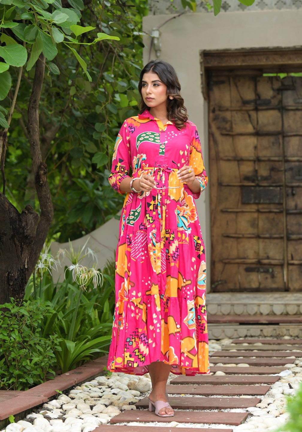 Juniper Women's Fuchsia Geometric Printed Cambric Dress With Buttons & Doris On Waist