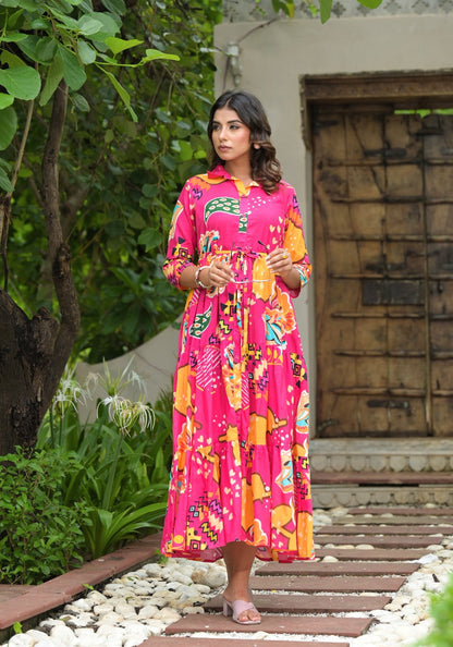 Juniper Women's Fuchsia Geometric Printed Cambric Dress With Buttons & Doris On Waist