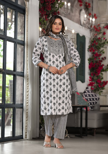 Juniper Women's Black Ethnic Motif Printed Cotton Kurta, Pant And Dupatta Set With Mirror & Thread Work