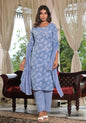 Juniper Women's Sky Blue Ethnic Motif Printed Cotton Kurta, Pant And Dupatta Set With Buttons & Lace