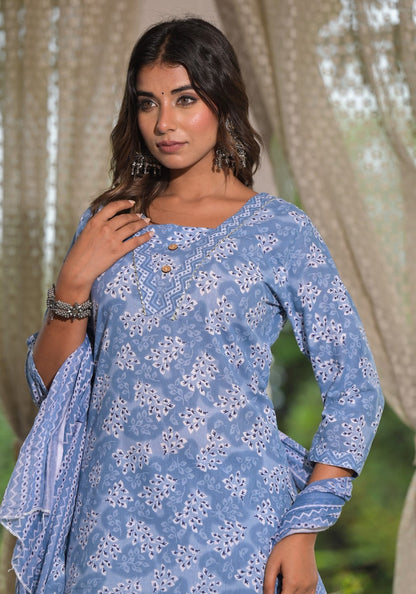 Juniper Women's Sky Blue Ethnic Motif Printed Cotton Kurta, Pant And Dupatta Set With Buttons & Lace