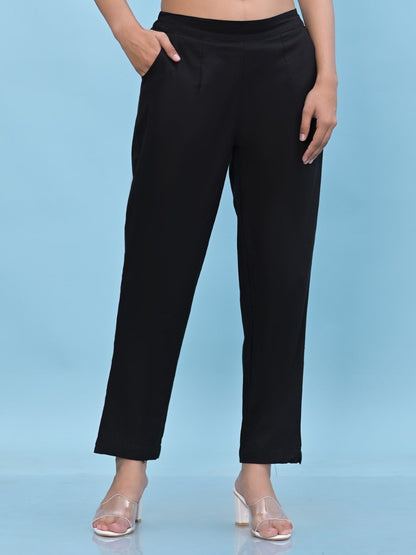 Juniper Women's Black Solid Cotton Pants with Partially Elasticated Waistband and Two Side Pockets