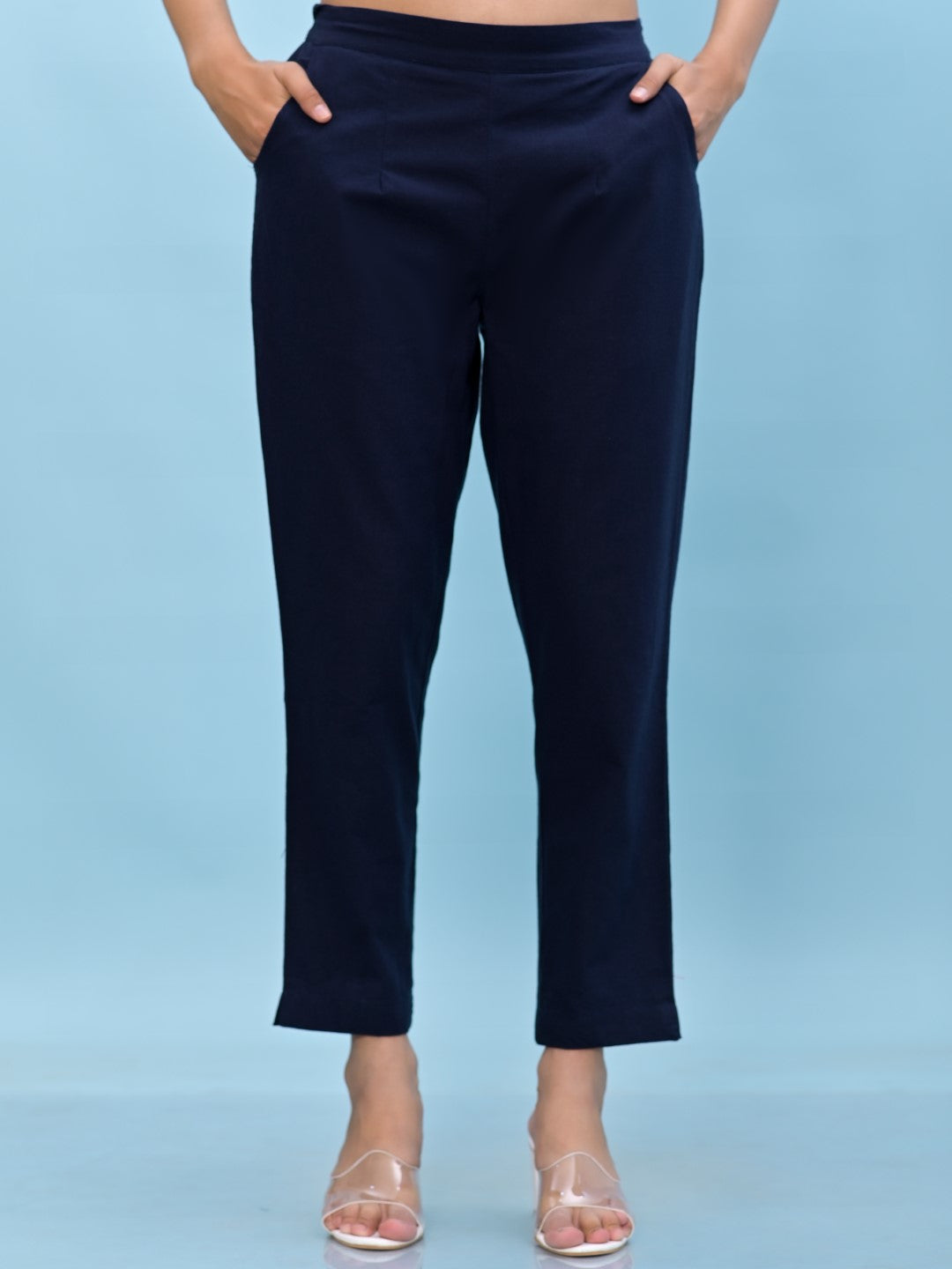 Juniper Women's Navy Blue Solid Cotton Pants with Partially Elasticated Waistband and Two Side Pockets
