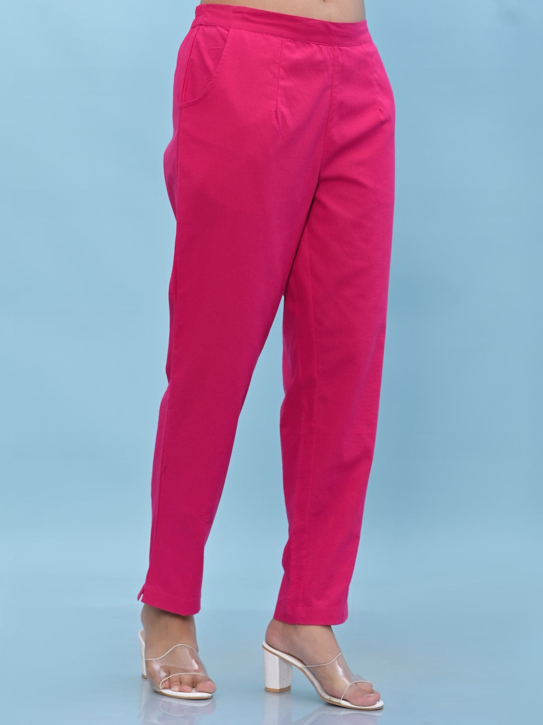 Juniper Women's Fuchsia Solid Cotton Pants with Partially Elasticated Waistband and Two Side Pockets