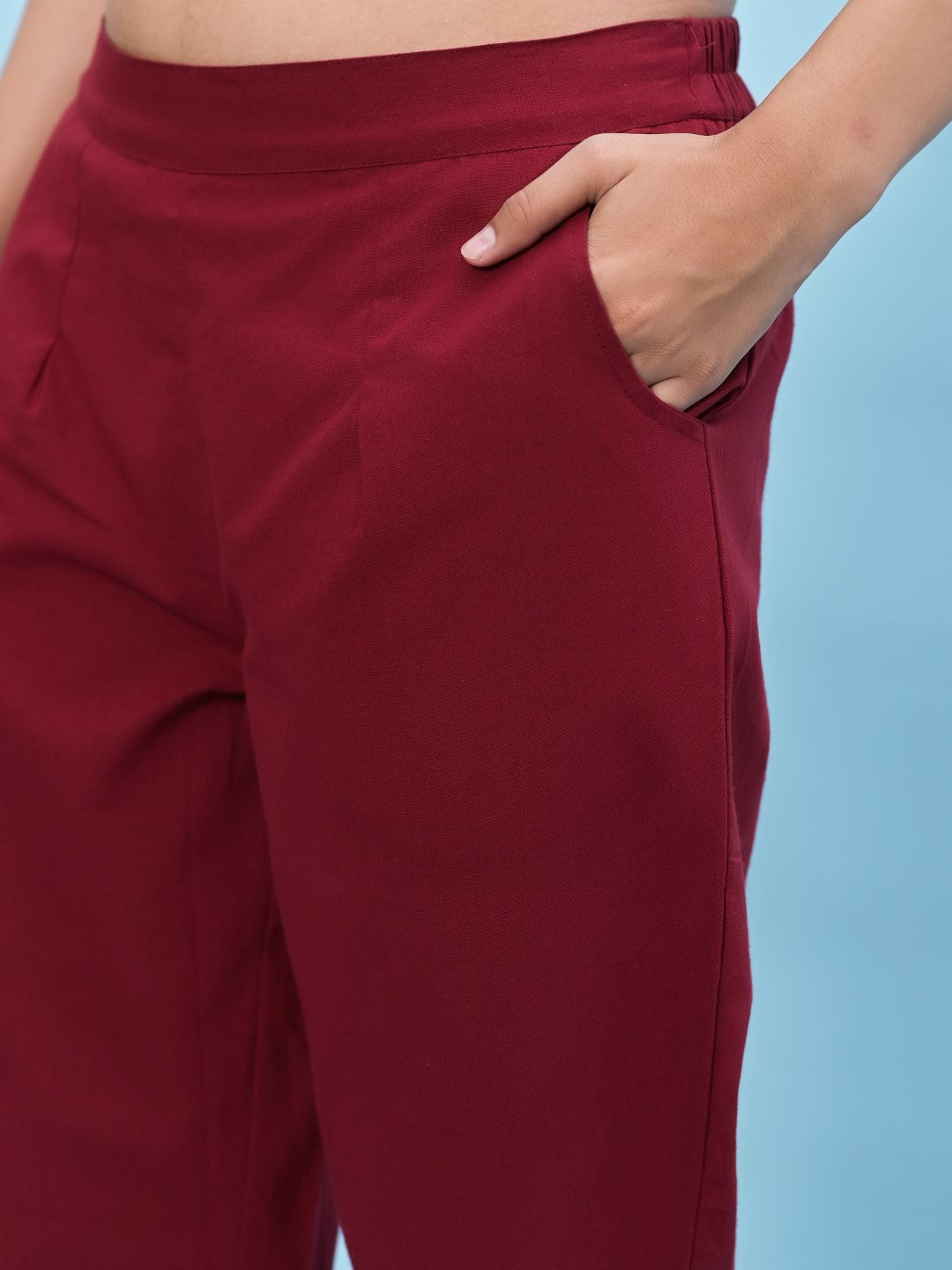 Juniper Women's Maroon Solid Cotton Pants with Partially Elasticated Waistband and Two Side Pockets