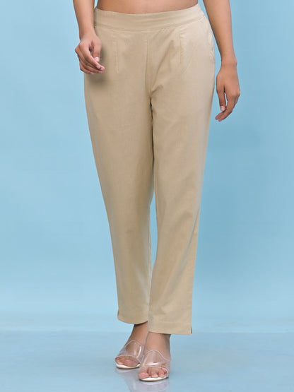 Juniper Women's Beige Solid Cotton Pants with Partially Elasticated Waistband and Two Side Pockets
