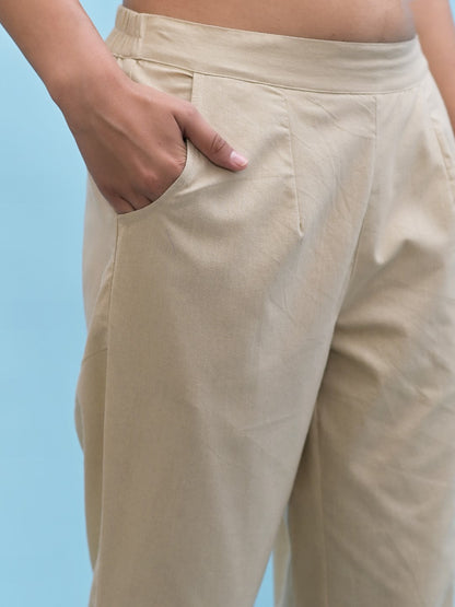 Juniper Women's Beige Solid Cotton Pants with Partially Elasticated Waistband and Two Side Pockets