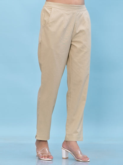 Juniper Women's Beige Solid Cotton Pants with Partially Elasticated Waistband and Two Side Pockets