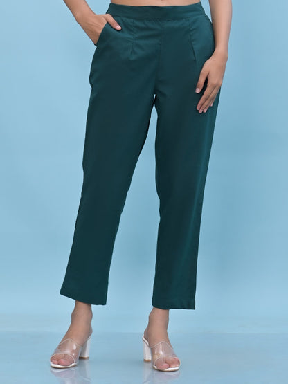 Juniper Women's Green Solid Cotton Pants with Partially Elasticated Waistband and Two Side Pockets