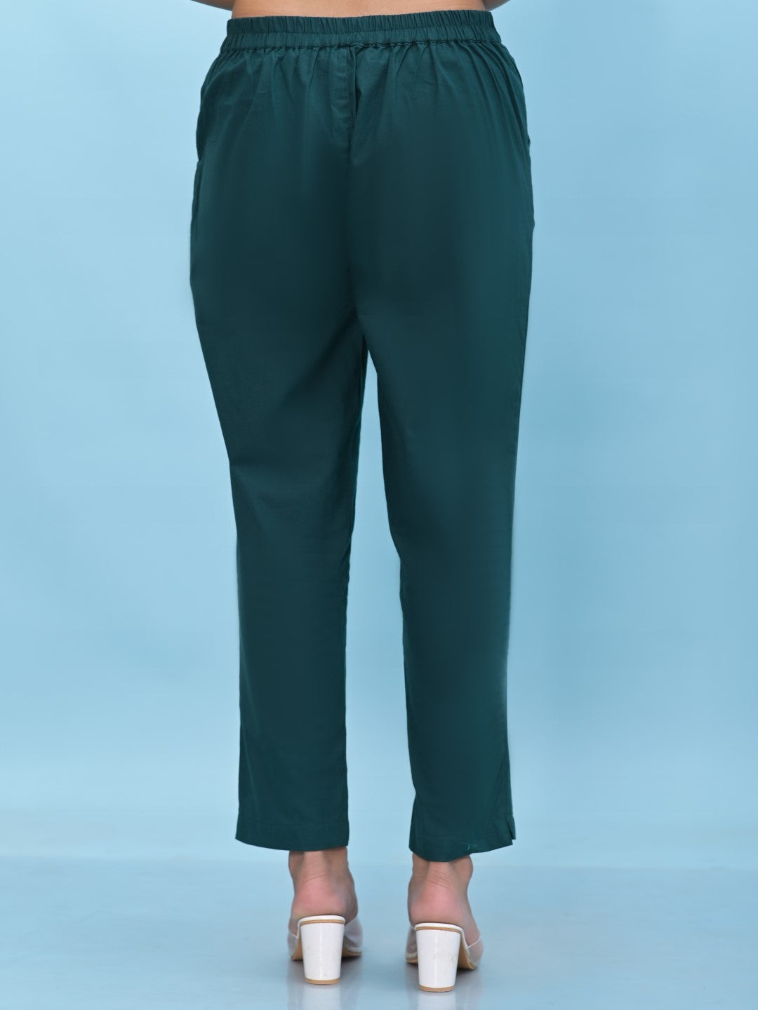 Juniper Women's Green Solid Cotton Pants with Partially Elasticated Waistband and Two Side Pockets