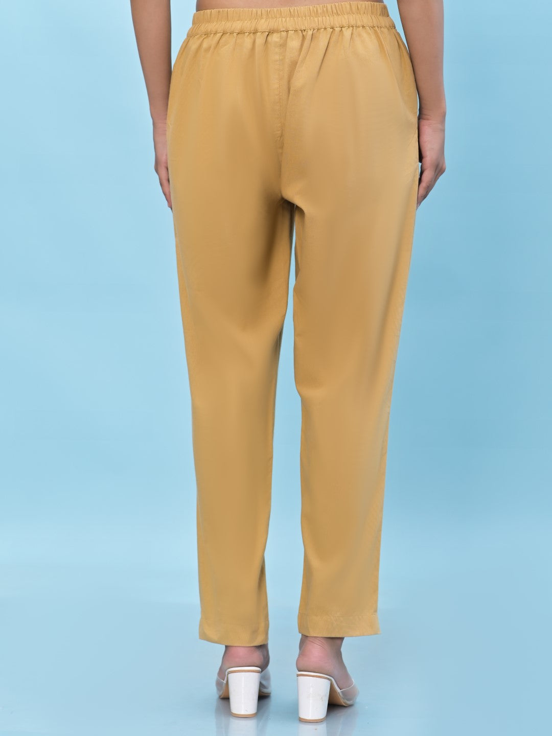 Juniper Women's Gold Solid Cotton Pants with Partially Elasticated Waistband and Two Side Pockets