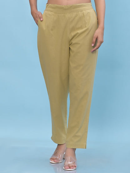 Juniper Women's Olive Solid Cotton Pants with Partially Elasticated Waistband and Two Side Pockets