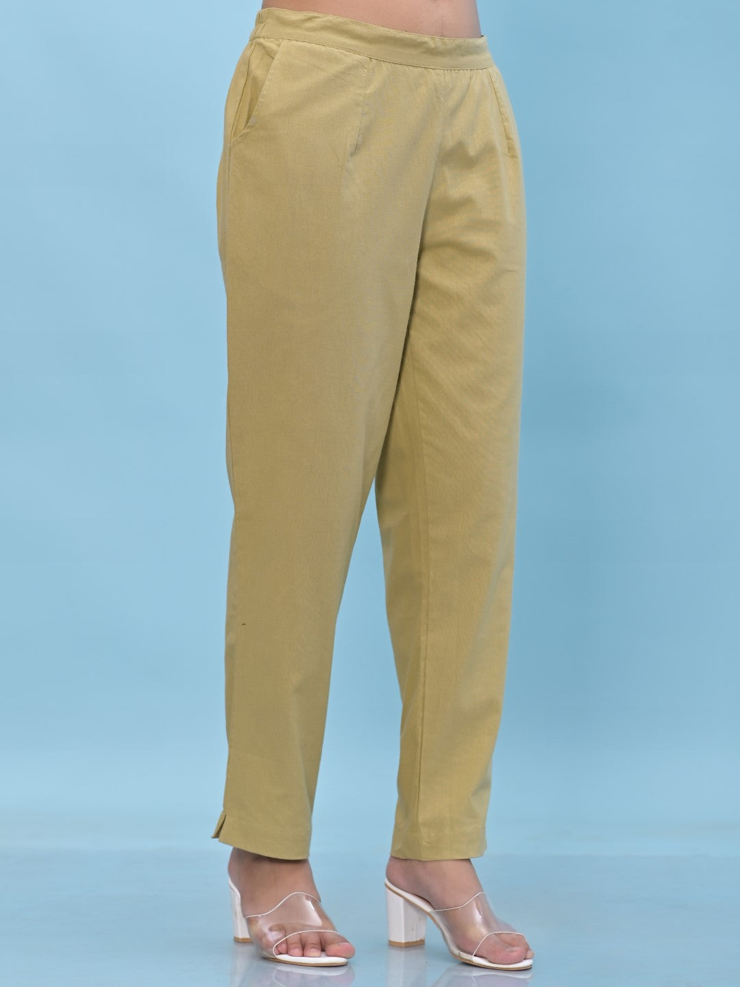 Juniper Women's Olive Solid Cotton Pants with Partially Elasticated Waistband and Two Side Pockets