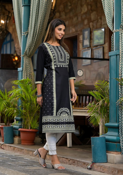 Juniper Women's Black Ethnic Motif Printed Rayon KurtaWith Straight Hemline And Buttons