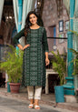 Juniper Women's Green Ethnic Motif Printed Round NeckRayon Kurta With Straight Hemline