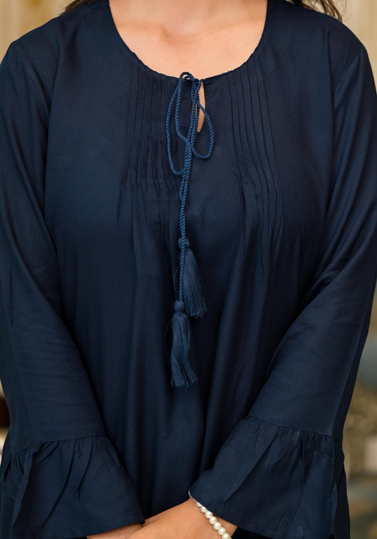 Juniper Women's Navy Blue Solid Rayon Top With Tassels &Doris