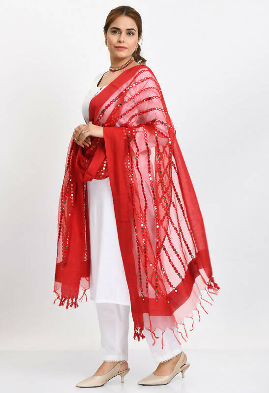 Mominos Fashion Moeza Women's Orgenza Mirror Stripe Thread Work Red Dupatta
