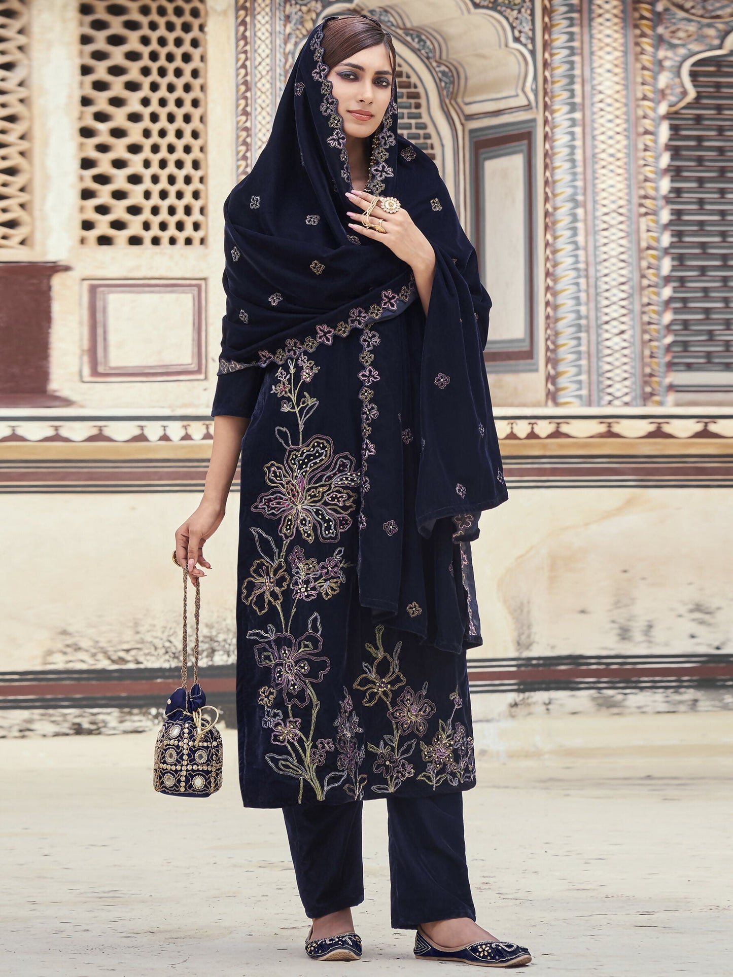Jyoti Fashion Women's Navy Blue Velvet Resham Thread with Jari & Sequin Kurta with Trouser & Dupatta