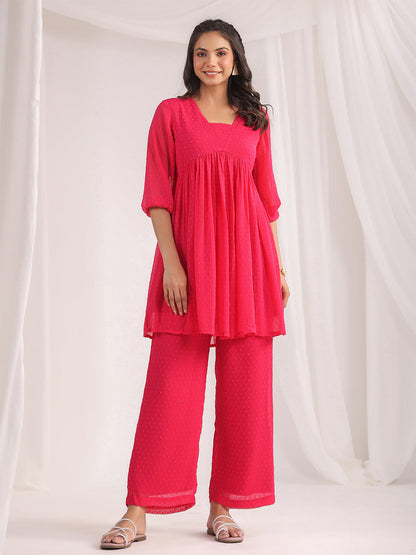 Janasya From Style Master Dobby Georgette Self Design Gathered Top & Bottom Set