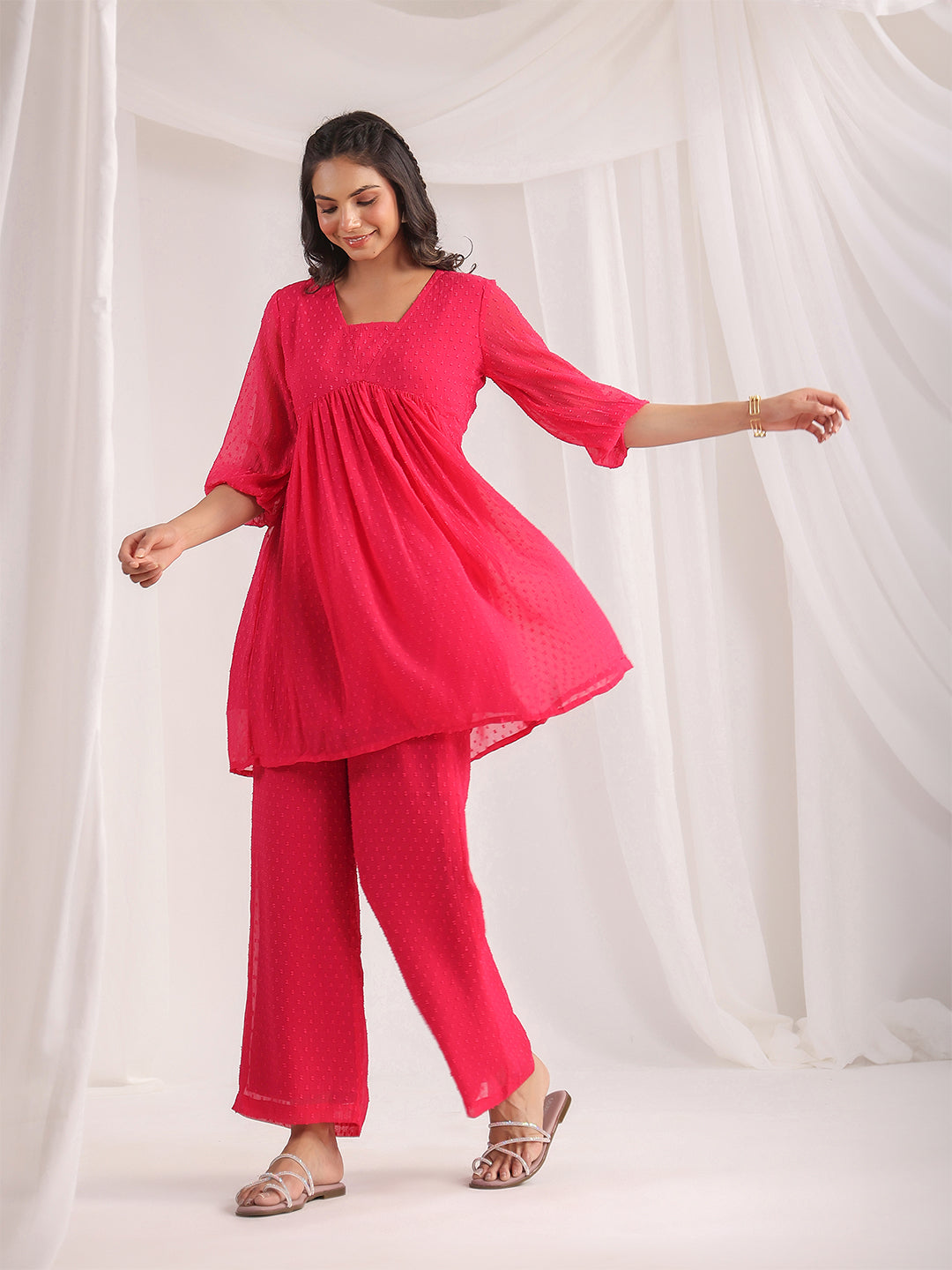 Janasya From Style Master Dobby Georgette Self Design Gathered Top & Bottom Set
