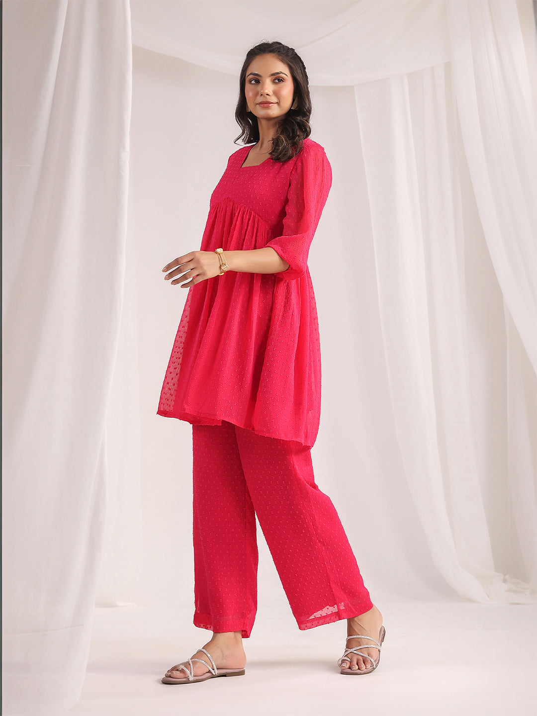 Janasya From Style Master Dobby Georgette Self Design Gathered Top & Bottom Set
