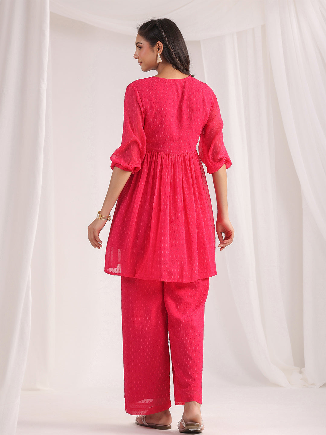 Janasya From Style Master Dobby Georgette Self Design Gathered Top & Bottom Set
