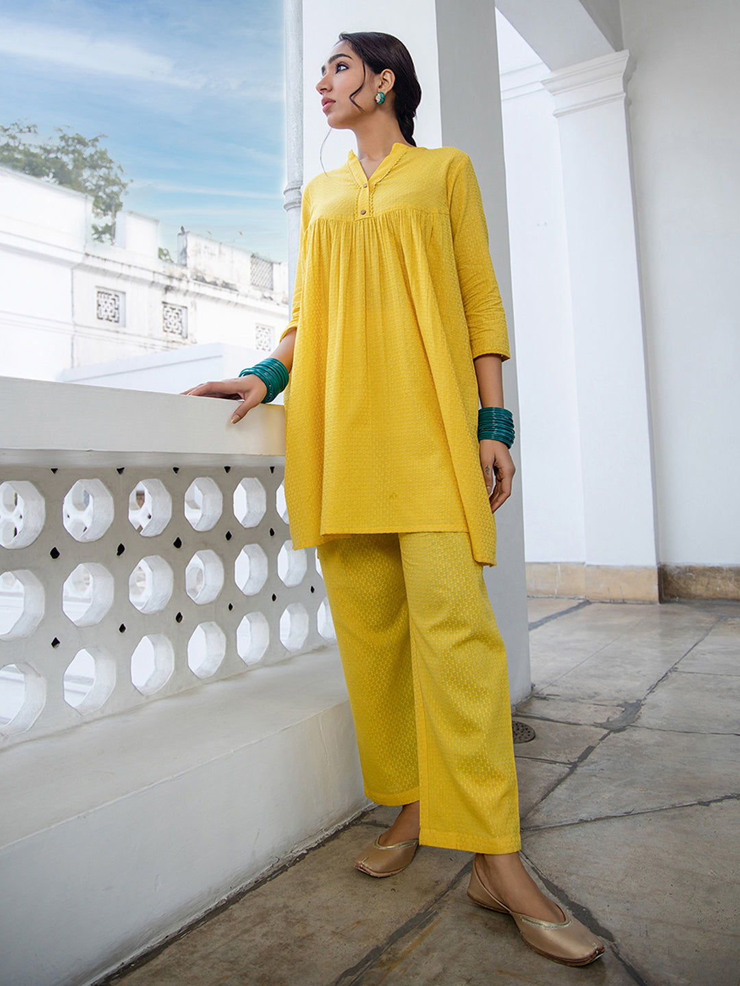 Janasya Gathered Jacquard Yellow Self Design Band Collar Co-Ords